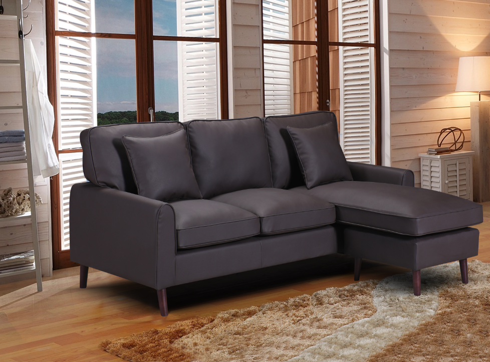 Brown PU Leather Upholstered Plush Cushion Sectional Sofa with Reversible Chaise- Mona