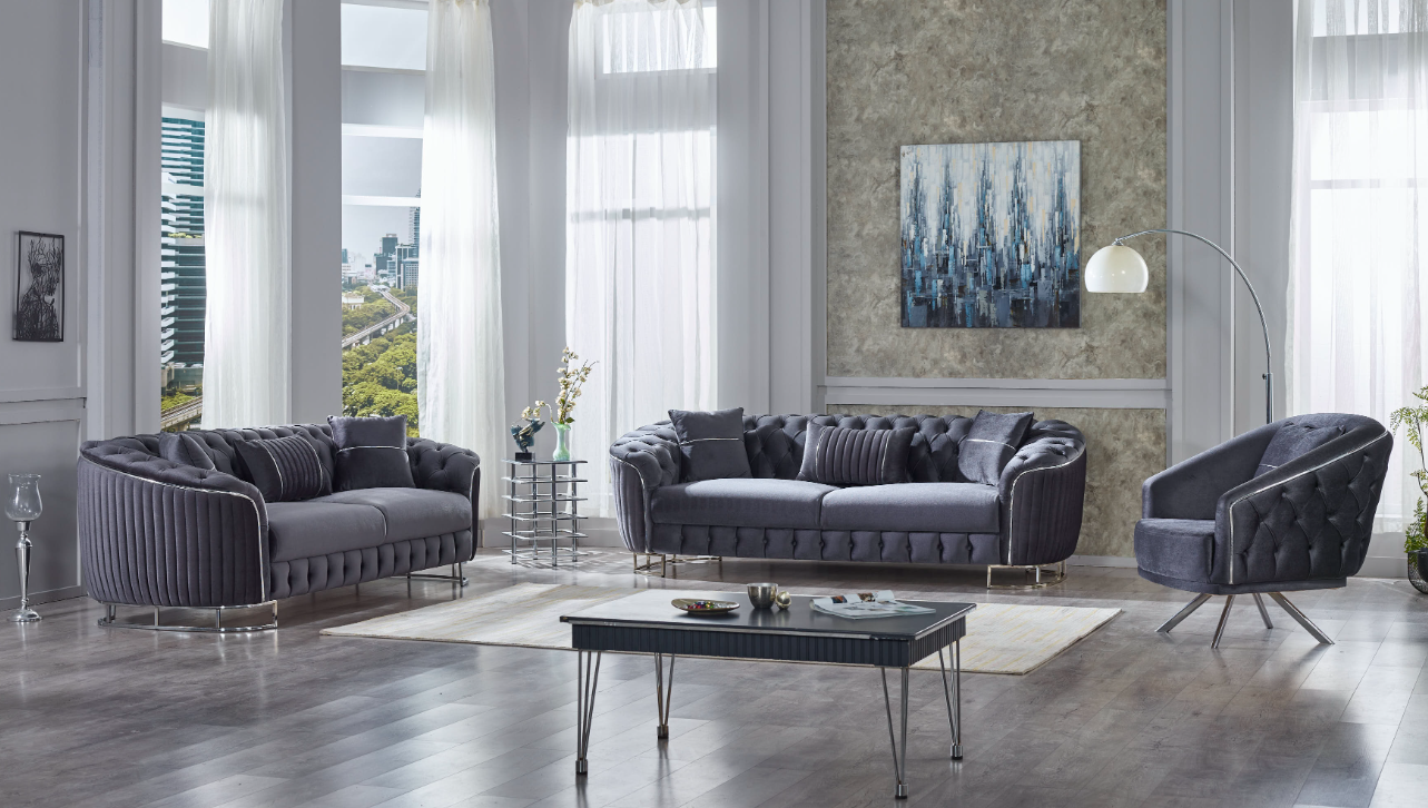Grey Turkish Made Luxury Modern Sofa Set - Rosa