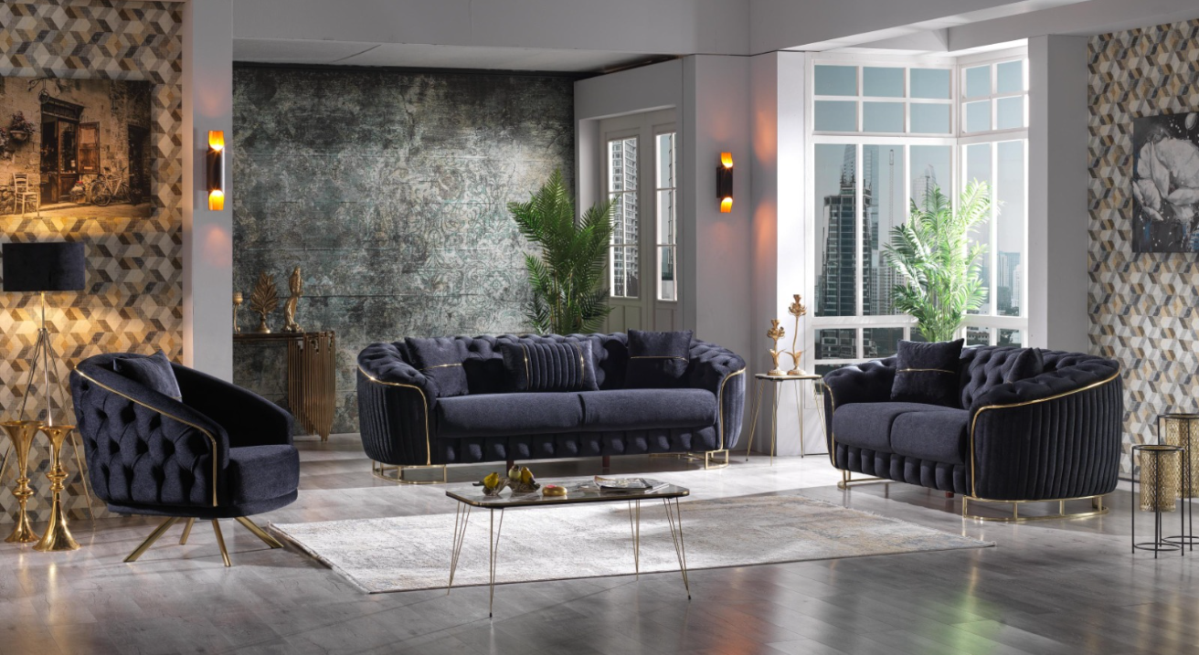 Black Turkish Made Luxury Modern Sofa Set - Rosa