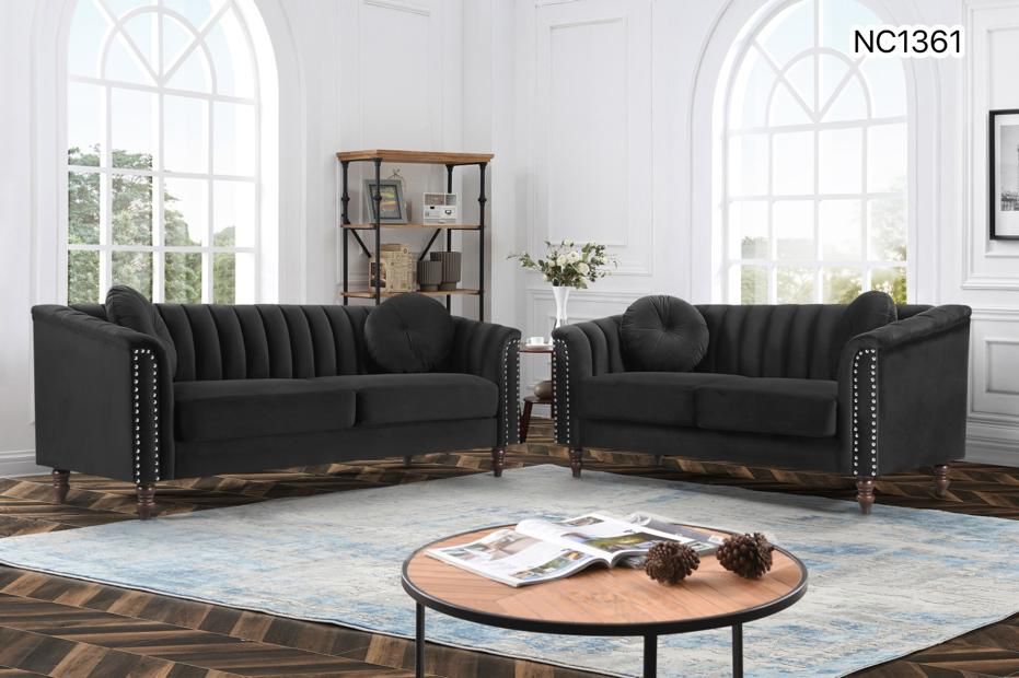 Velvet Upholstered Sofa Set with Chanel Back Style and Throw Pillows- Madrid