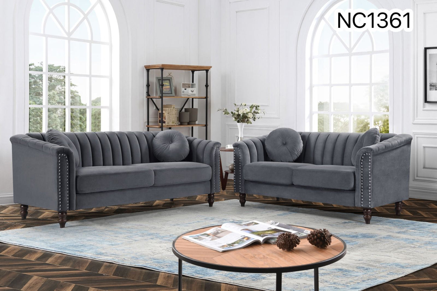 Velvet Upholstered Sofa Set with Channel Back Style with Throw Pillows- Madrid