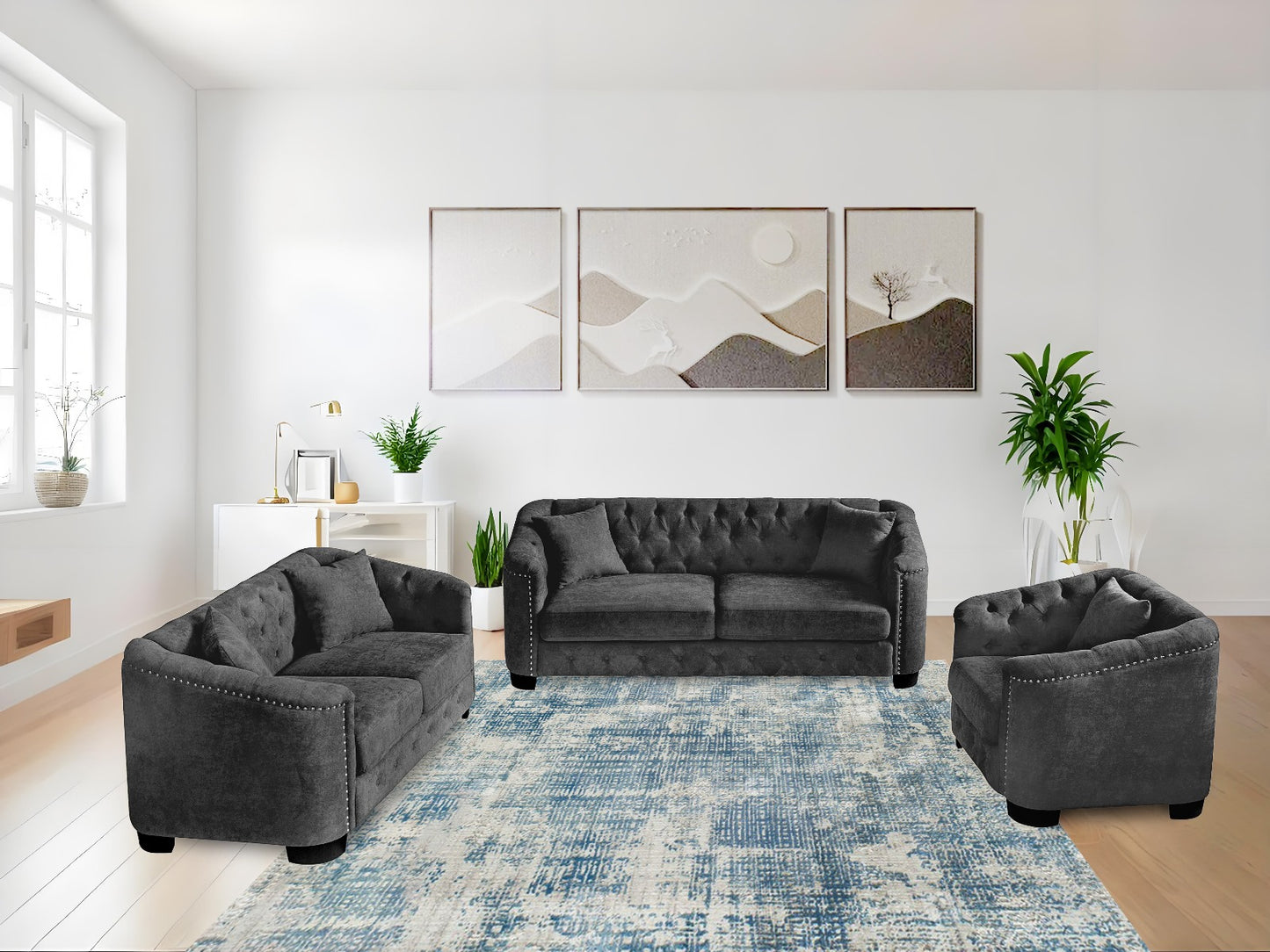 Modern Sofa Set with Tufted Style Back and Toss Pillows- Black