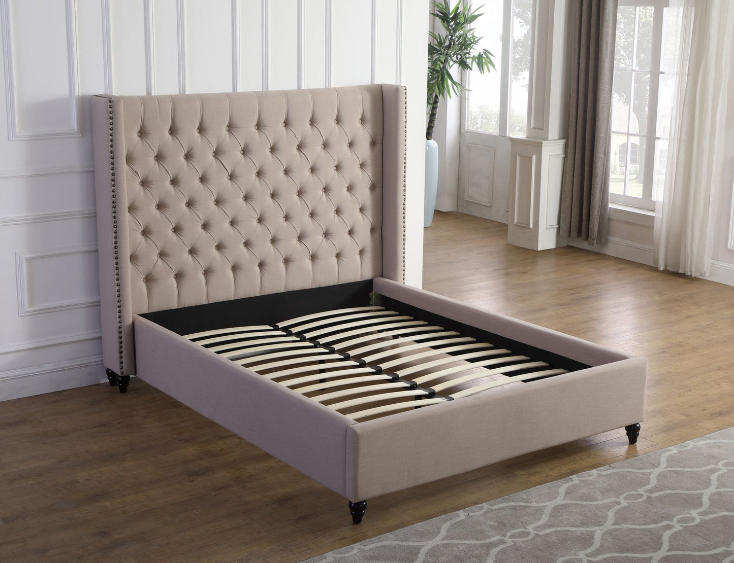 Beige Modern Velvet Upholstered Bed Frame with Tufted and Wing Style Headboard- 1920