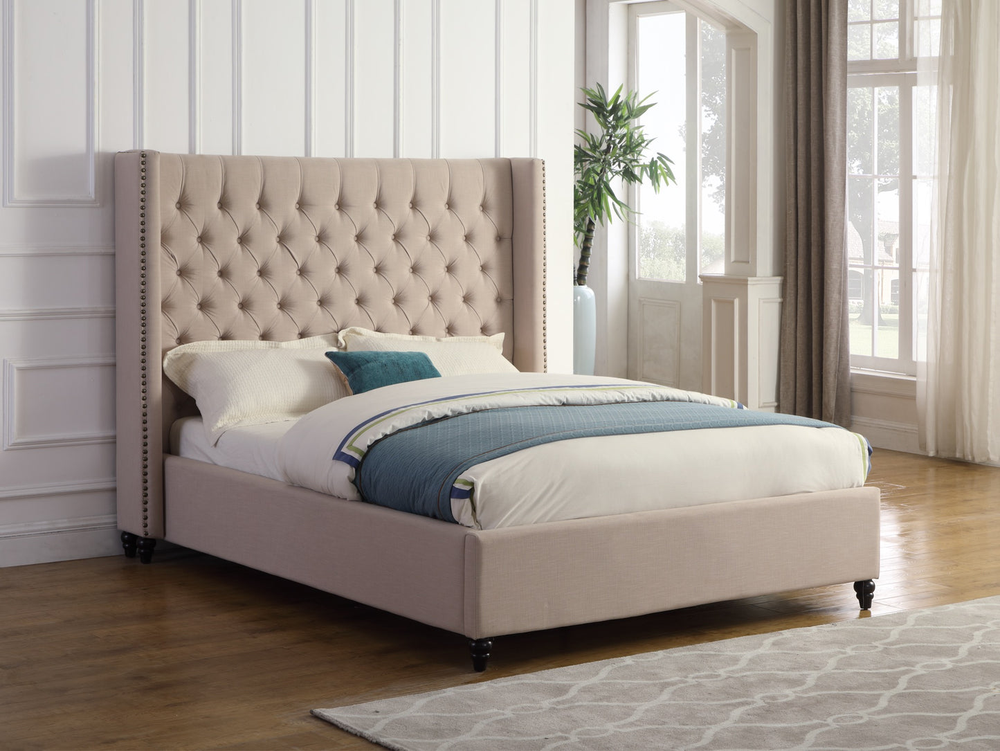 Beige Modern Velvet Upholstered Bed Frame with Tufted and Wing Style Headboard- 1920