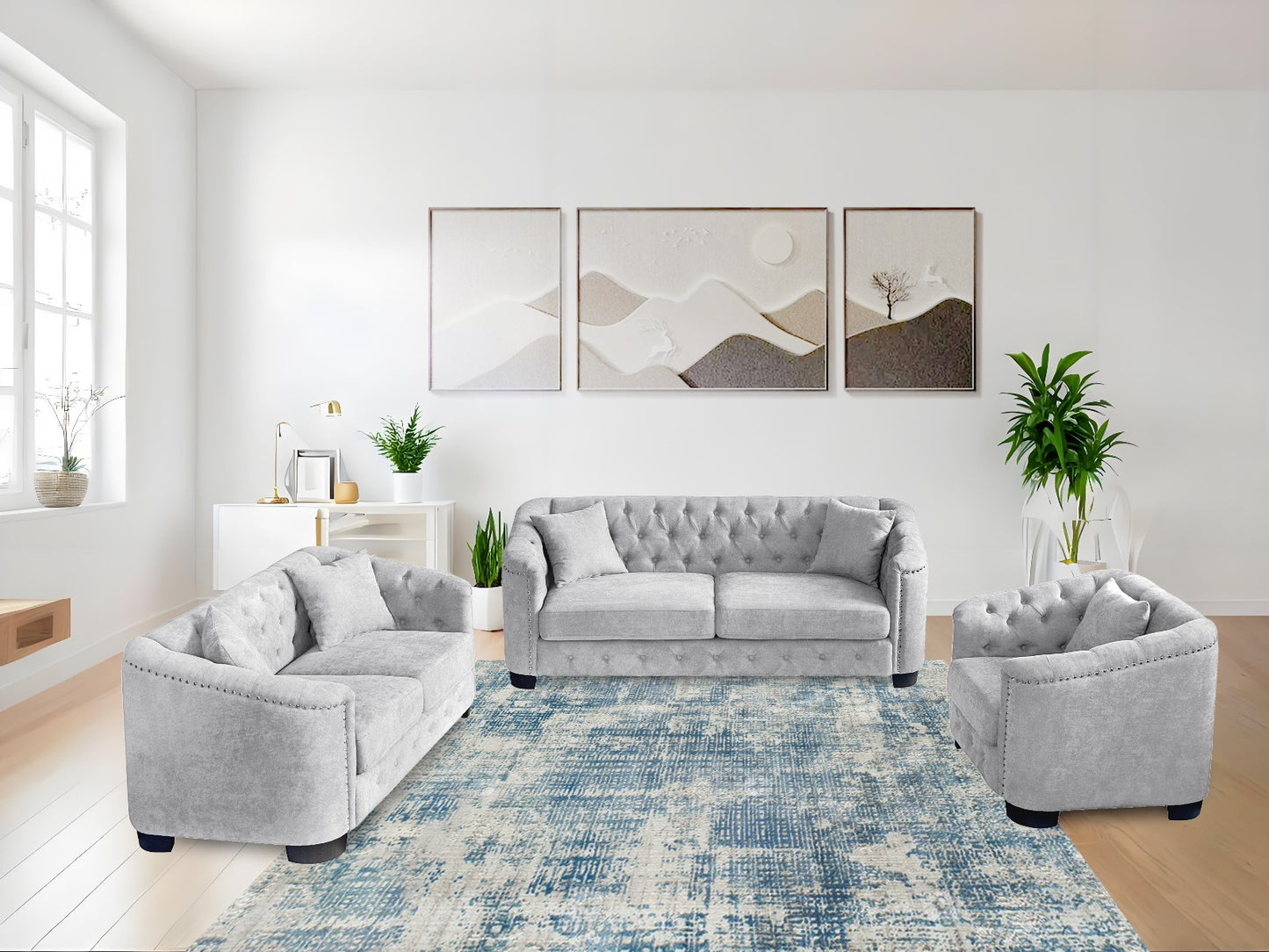 Modern Sofa Set with Tufted Style Back and Toss Pillows- Grey