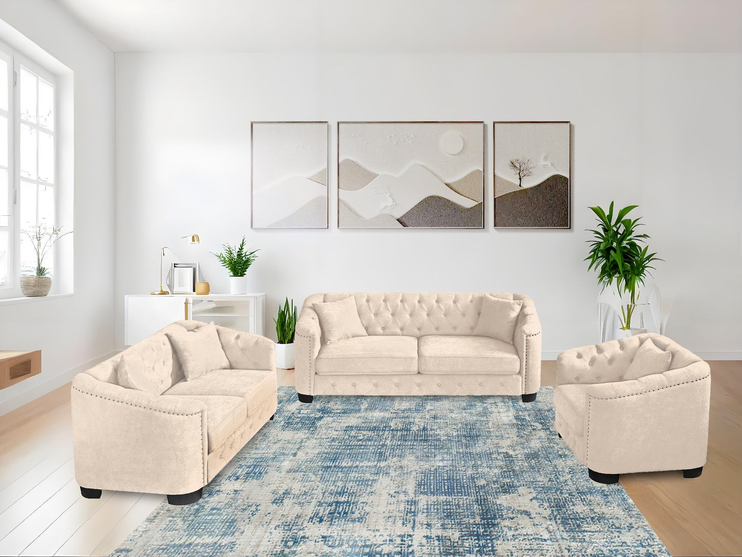 Modern Sofa Set with Tufted Style Back and Toss Pillows- Beige- 2408