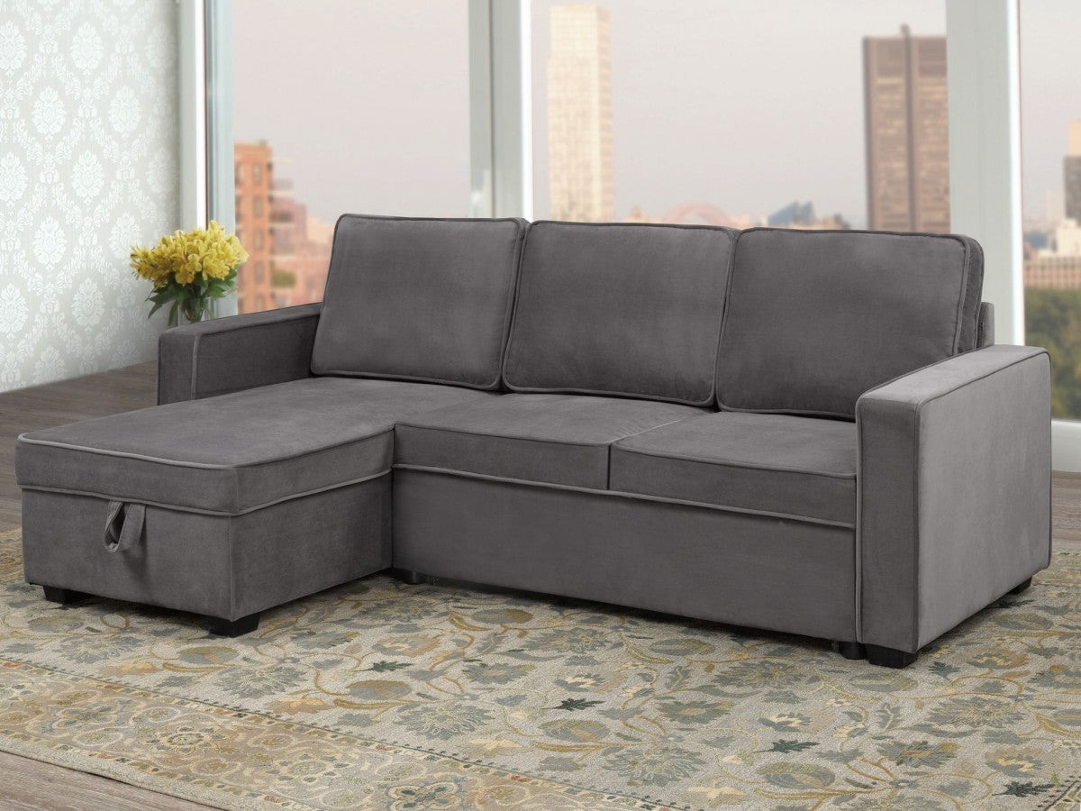 GREY FABRIC UPHOLSTERED SECTIONAL SOFA BED WITH REVERSIBLE STORAGE CHAISE- 0641