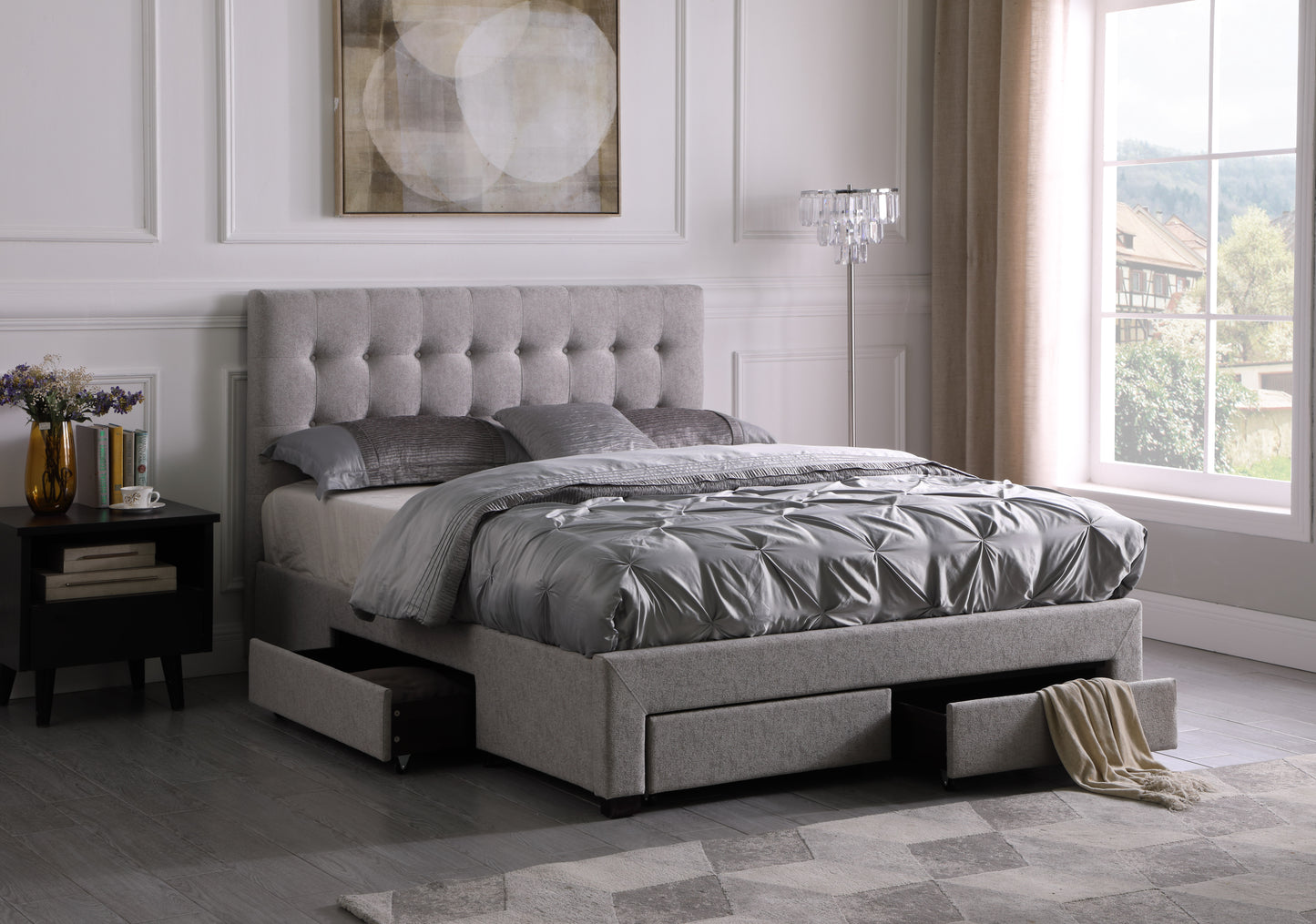Grey Fabric Upholstered Bed Frame with Button Tufted Headboard and Storage Drawers- 1952