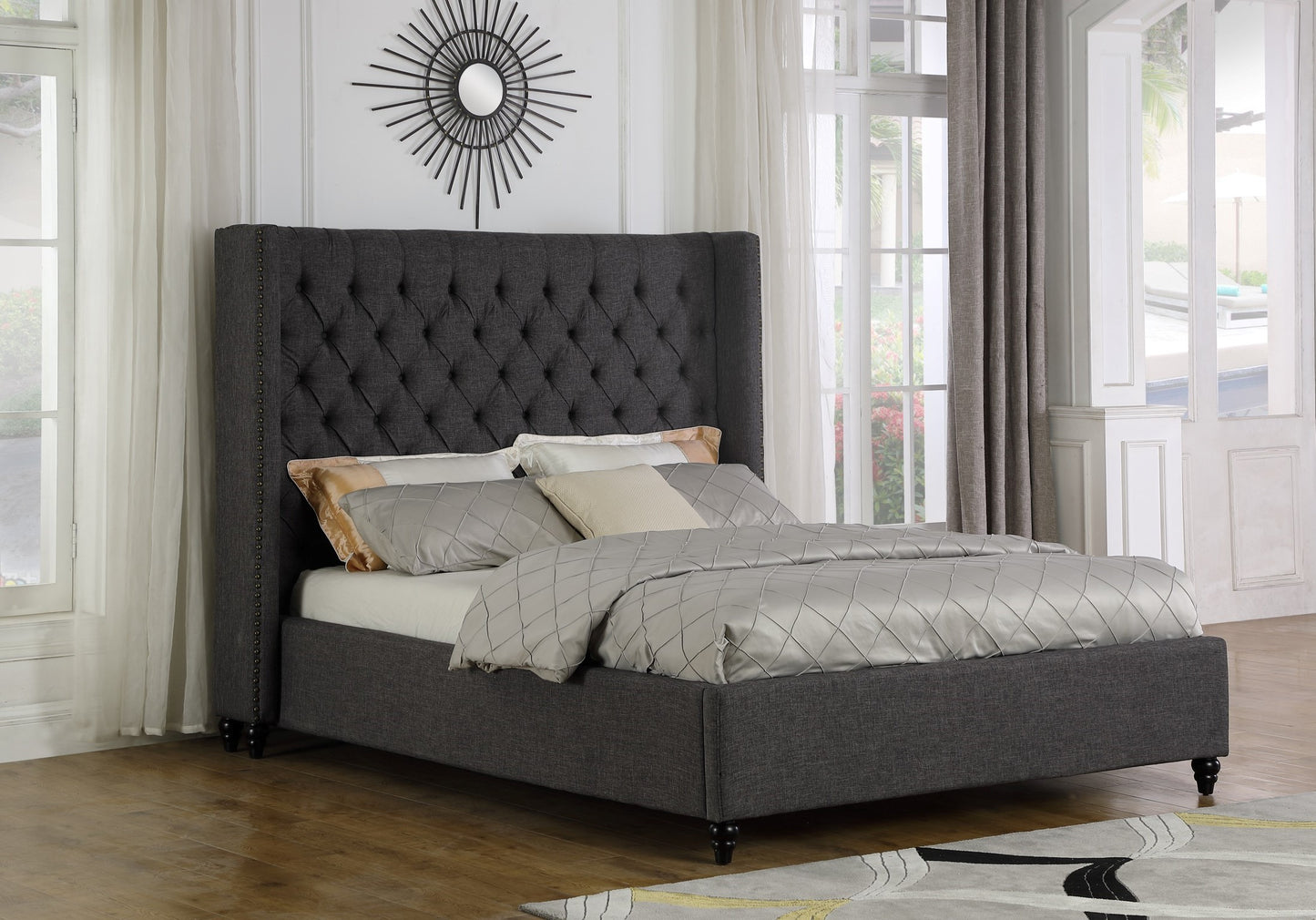 GREY MODERN VELVET UPHOLSTERED BED FRAME WITH TUFTED AND WING STYLE HEADBOARD- 1920G