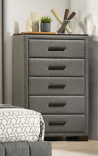 Grey FABRIC UPHOLSTERED CHEST, NIGHTSTAND AND DRESSER AND MIRROR- Dylan