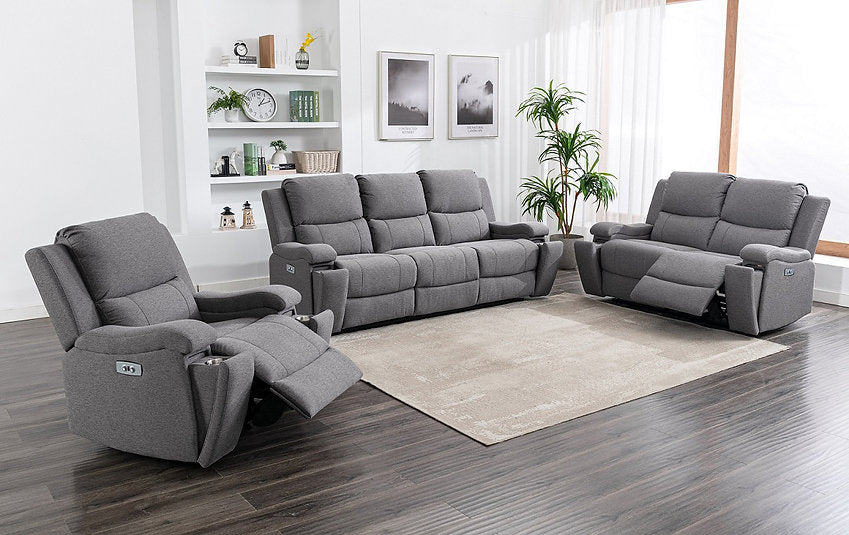 Grey Fabric Upholstered Power Recliner Sofa Set with Cupholders on Arms and USB Ports- 8030