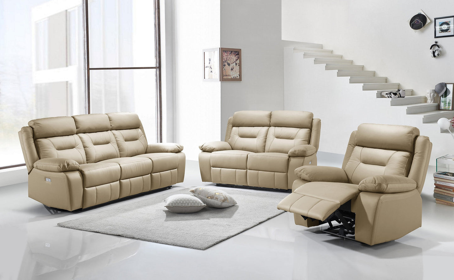 BEIGE GENUINE LEATHER POWER RECLINER SOFA SET WITH USB PORTS- 8111
