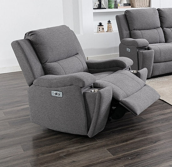 Grey Fabric Upholstered Power Recliner Sofa Set with Cupholders on Arms and USB Ports- 8030
