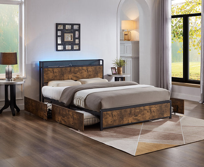 Wood Grain with Metal Storage Bed with LED Lights and USB Ports on Headboard-5930