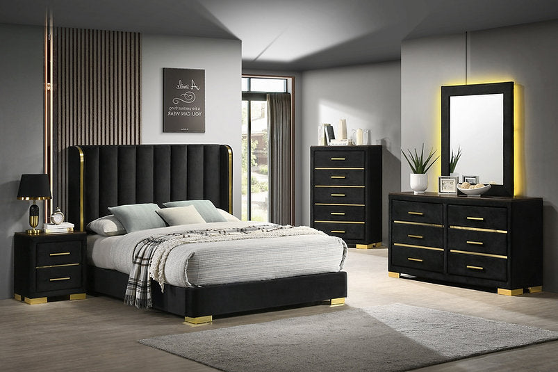 BLACK MODERN FABRIC UPHOLSTERED BED WITH GOLDEN TRIM FINISH AND GOLDEN LEGS- Madison