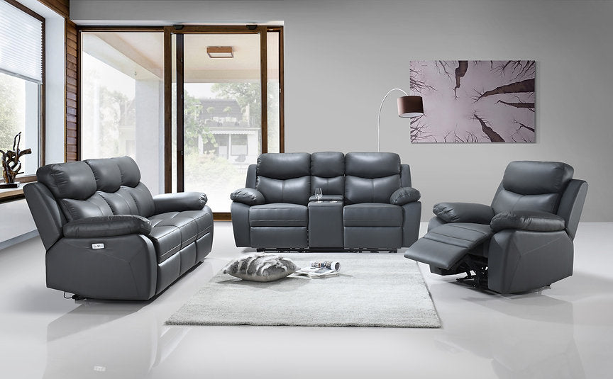 GREY GENUINE LEATHER POWER RECLINER SOFA SET WITH USB PORTS AND STORAGE CONSOLE- 8121