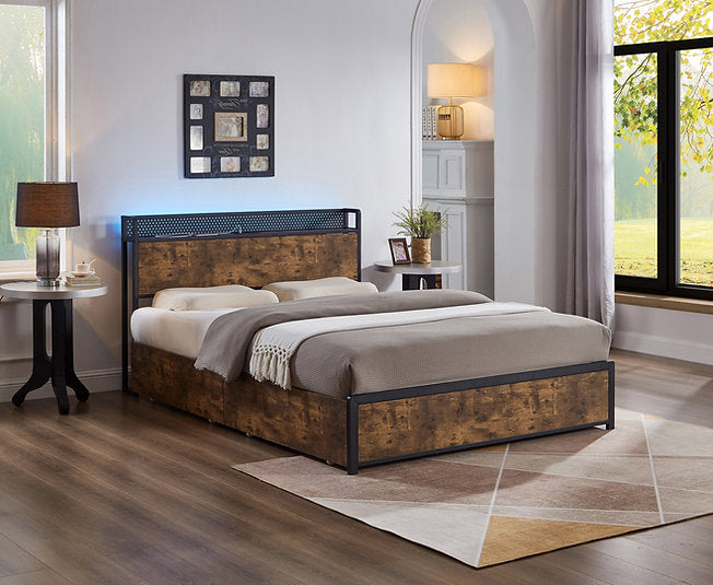 Wood Grain with Metal Storage Bed with LED Lights and USB Ports on Headboard-5930