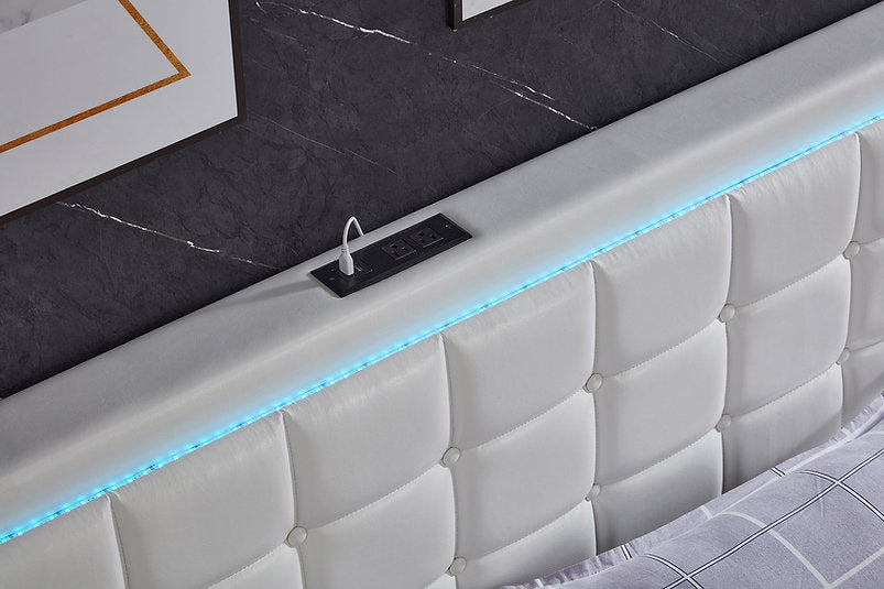 WHITE LEATHER UPHOLSTERED STORAGE BED WITH USB PORTS, LED LIGHTS AND BUTTON TUFTED HEADBOARD- 5402