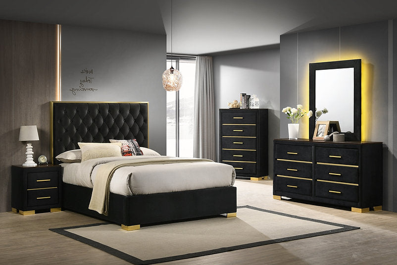 BLACK MODERN FABRIC UPHOLSTERED BED WITH GOLDEN TRIM FINISH AND GOLDEN LEGS- Chloe