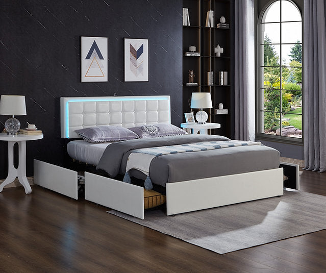 WHITE LEATHER UPHOLSTERED STORAGE BED WITH USB PORTS, LED LIGHTS AND BUTTON TUFTED HEADBOARD- 5402