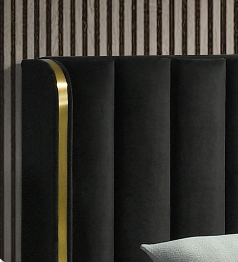 BLACK MODERN FABRIC UPHOLSTERED BED WITH GOLDEN TRIM FINISH AND GOLDEN LEGS- Madison