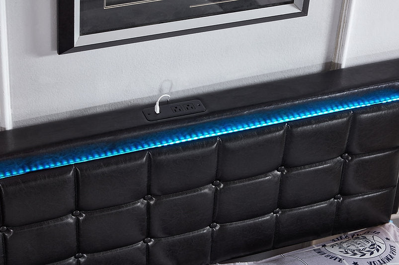 Black Leather Upholstered Storage Bed with USB Ports, LED Lights and Button Tufted Headboard- 5400