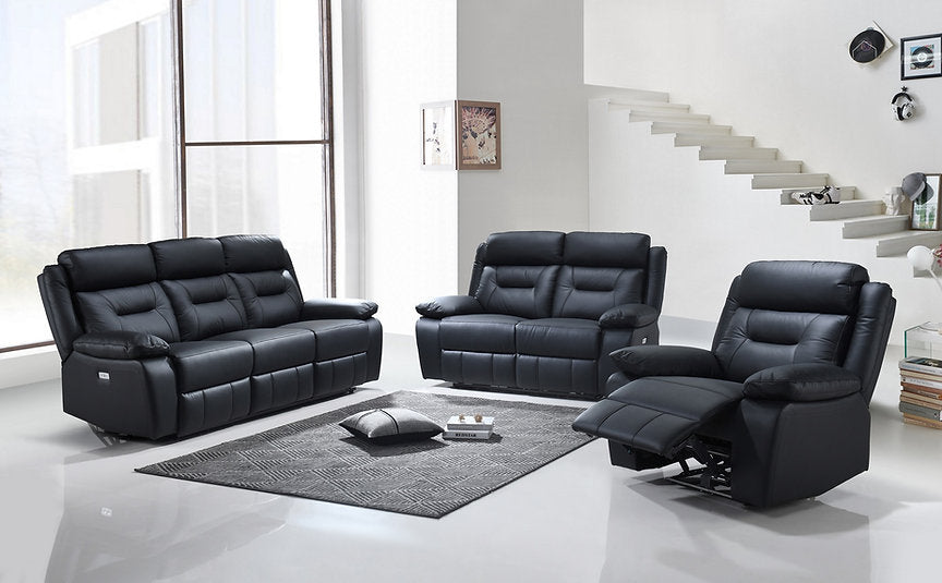 Black Genuine Leather Power Recliner Sofa Set with USB Ports- 8110