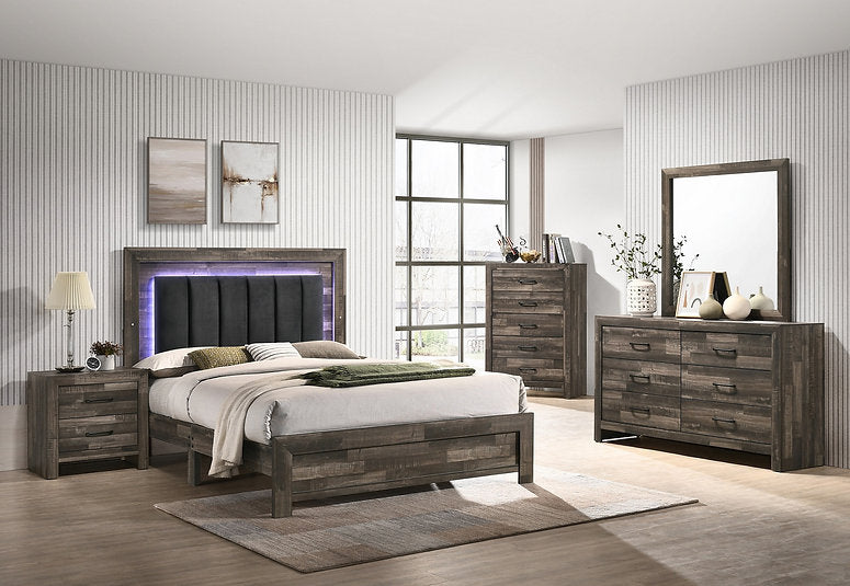 Driftwood Farmhouse Style Bedroom Set with Velvet Upholstered with LED Lights Headboard- Athens