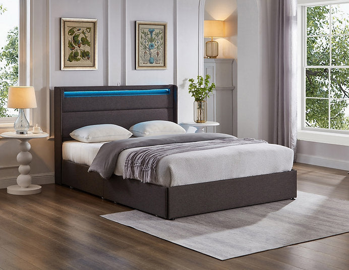 Grey Fabric Upholstered Storage Bed with USB Ports, LED Lights and Wings Headboard- 5343