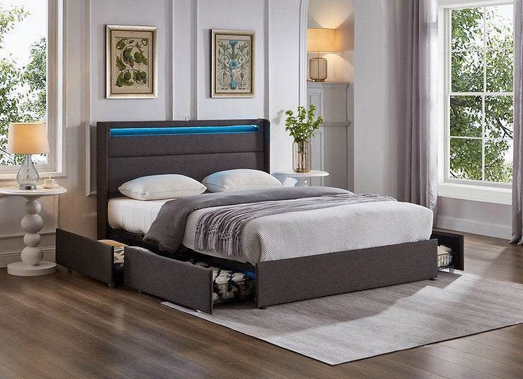 Grey Fabric Upholstered Storage Bed with USB Ports, LED Lights and Wings Headboard- 5343