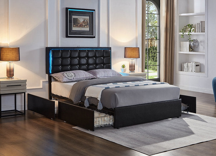 Black Leather Upholstered Storage Bed with USB Ports, LED Lights and Button Tufted Headboard- 5400