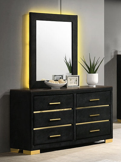 Black Modern Fabric Upholstered Chest, Nightstand and Dresser and Mirror- 100