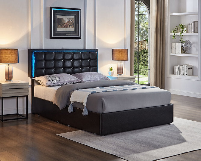 Black Leather Upholstered Storage Bed with USB Ports, LED Lights and Button Tufted Headboard- 5400