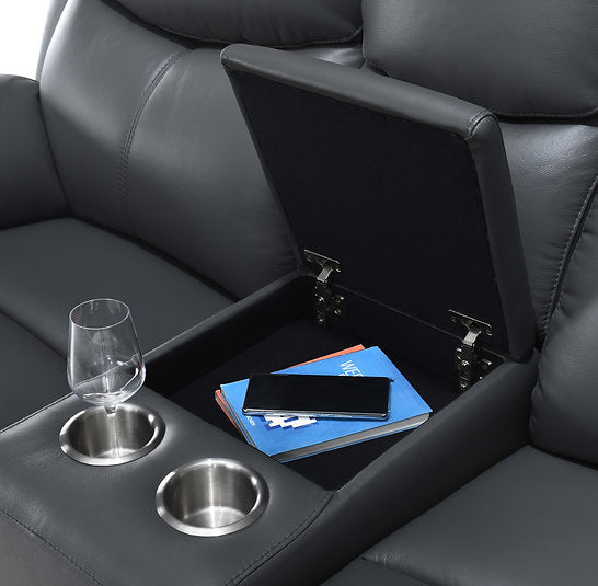 GREY GENUINE LEATHER POWER RECLINER SOFA SET WITH USB PORTS AND STORAGE CONSOLE- 8121