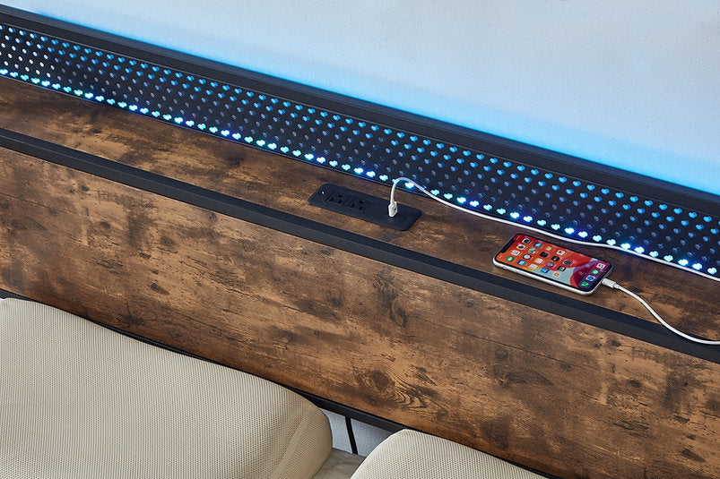 Wood Grain with Metal Storage Bed with LED Lights and USB Ports on Headboard-5930