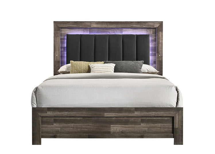 Driftwood Farmhouse Style Bedroom Set with Velvet Upholstered with LED Lights Headboard- Athens