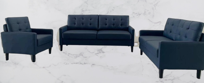 3Pcs PU Leather Sofa Set with Stiched Back- Blue