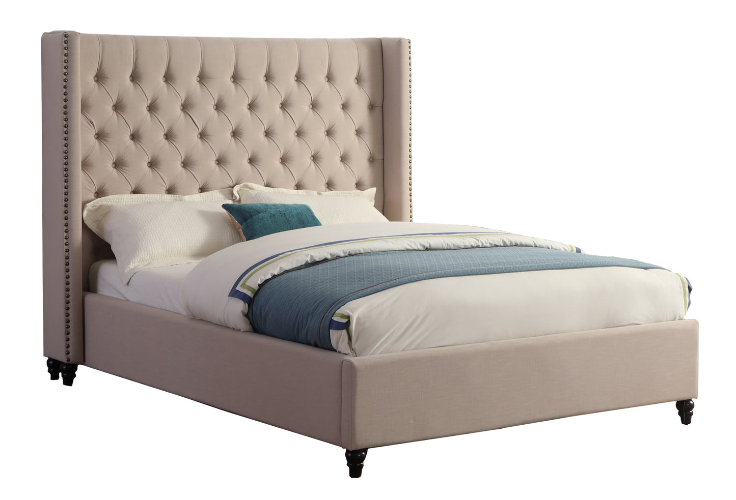 Beige Modern Velvet Upholstered Bed Frame with Tufted and Wing Style Headboard- 1920