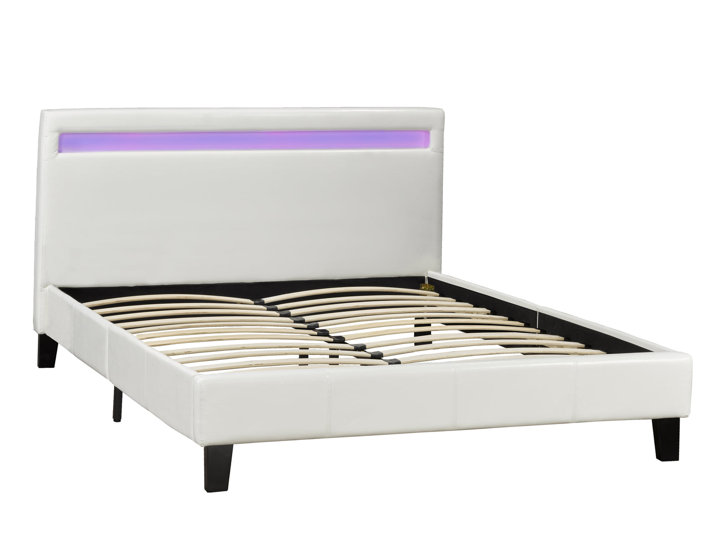 White Leather Upholstered Platform Bed with LED Lights Headboard- 688
