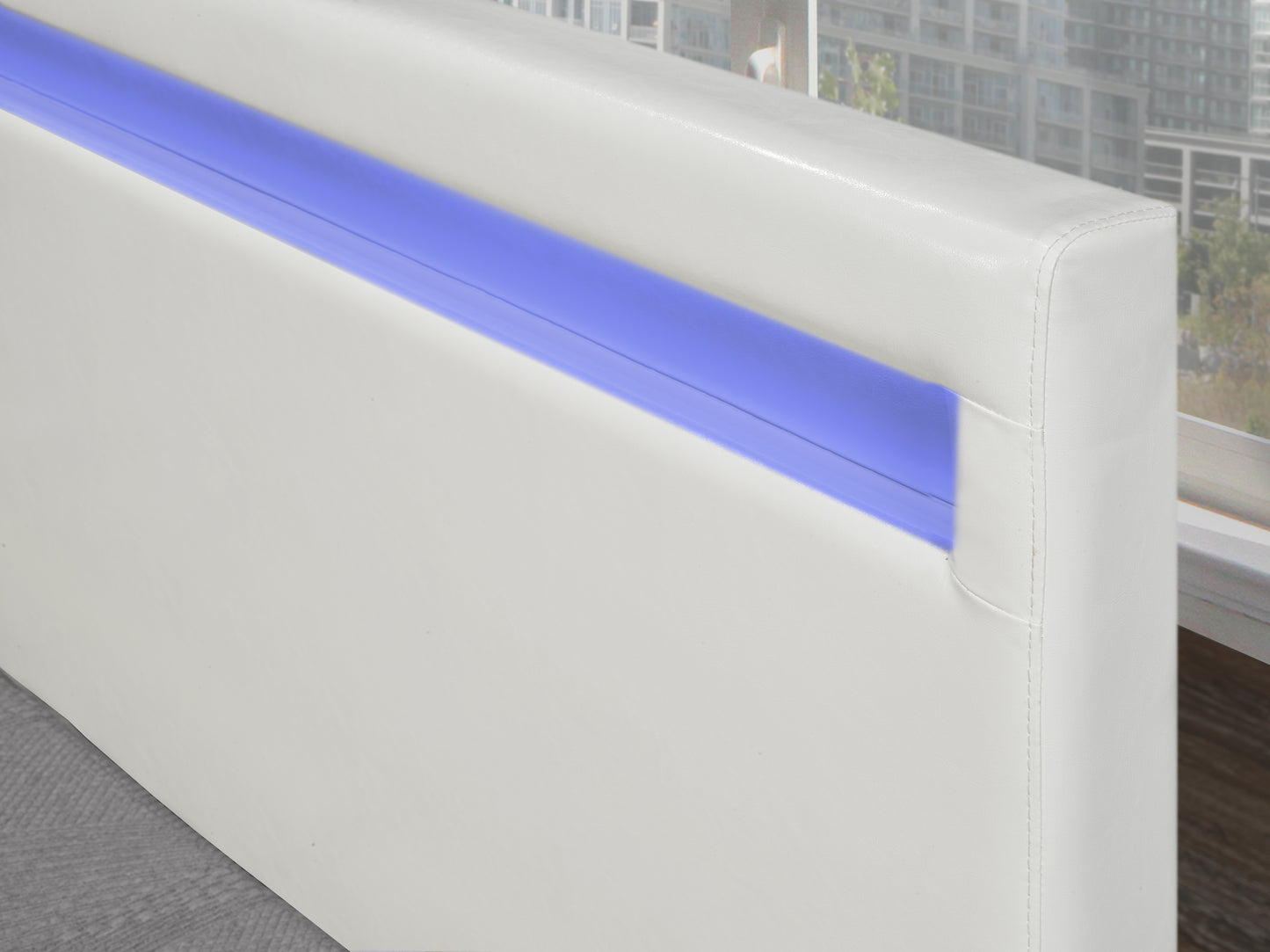 White Leather Upholstered Platform Bed with LED Lights Headboard- 688