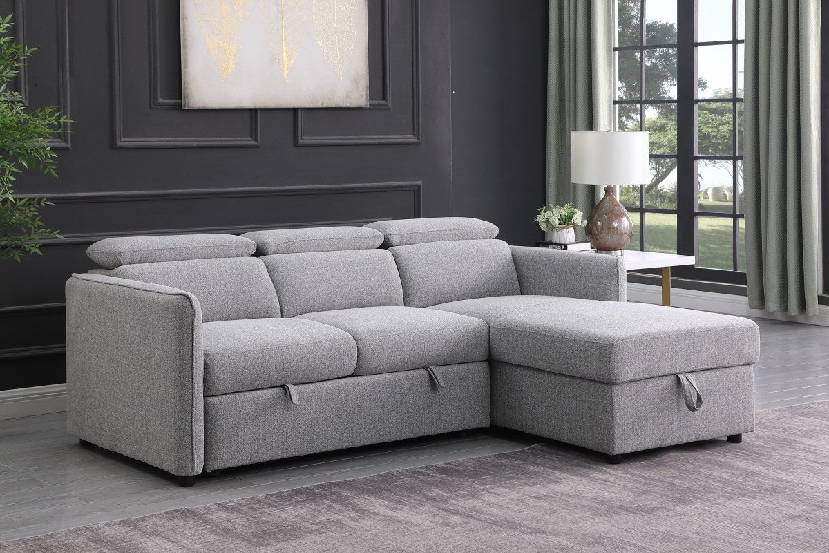 Grey Modern Fabric Upholstered Sectional Sofa Bed with RHF/LHF Storage Chaise and Adjustable Headrest- 7154