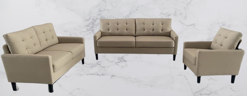 3Pcs PU Leather Sofa Set with Stiched Back- Beige- 2403