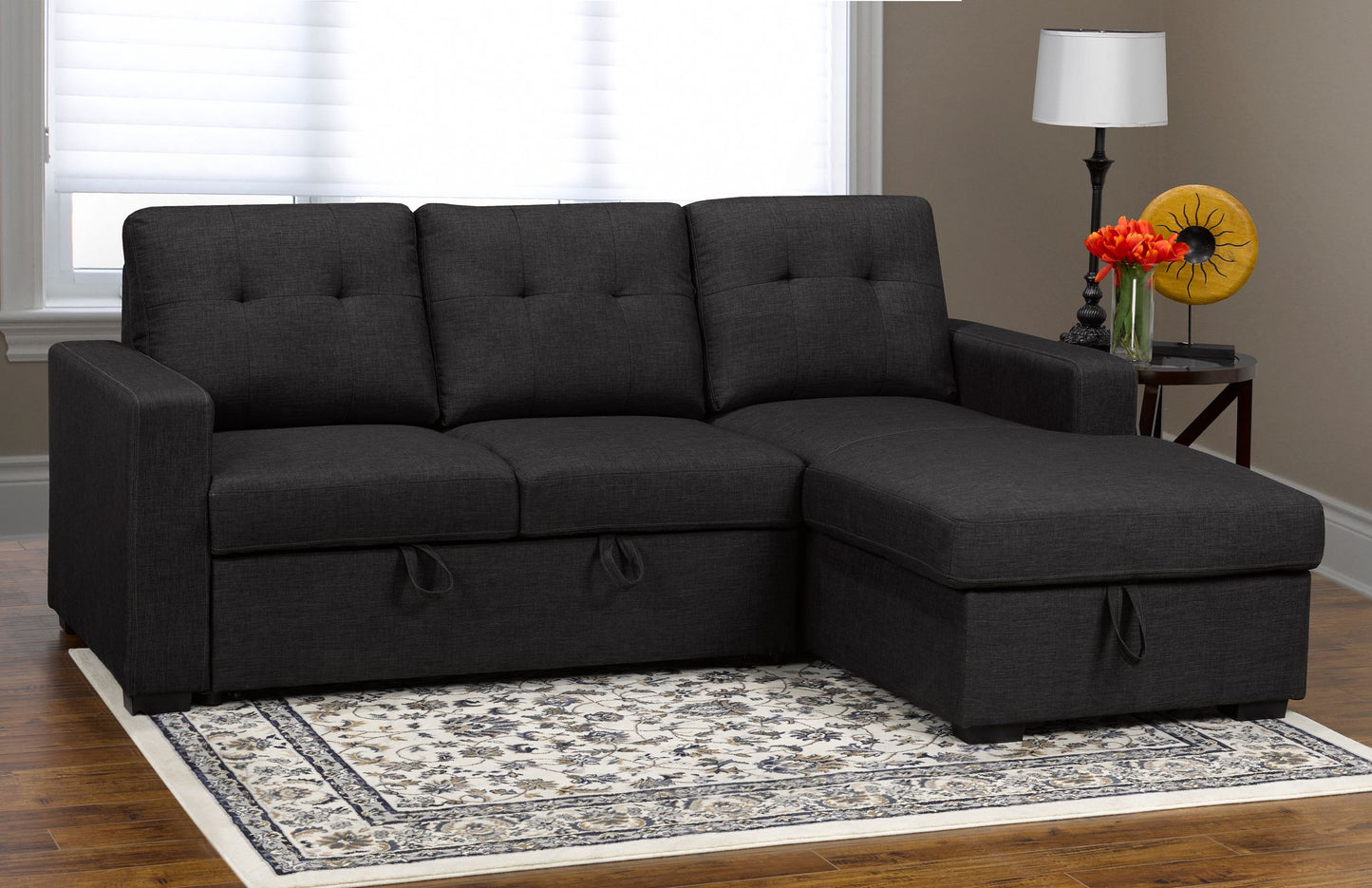 Grey High End Fabric Upholstered Sectional Sofa Bed with Reversible Storage Chaise- 5535