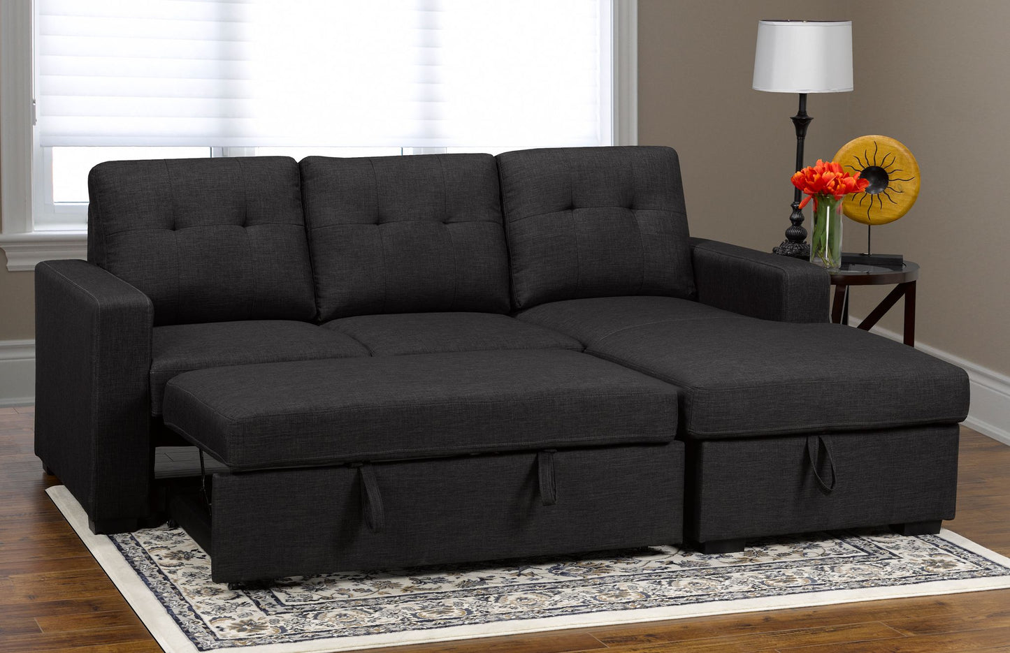 Grey High End Fabric Upholstered Sectional Sofa Bed with Reversible Storage Chaise- 5535