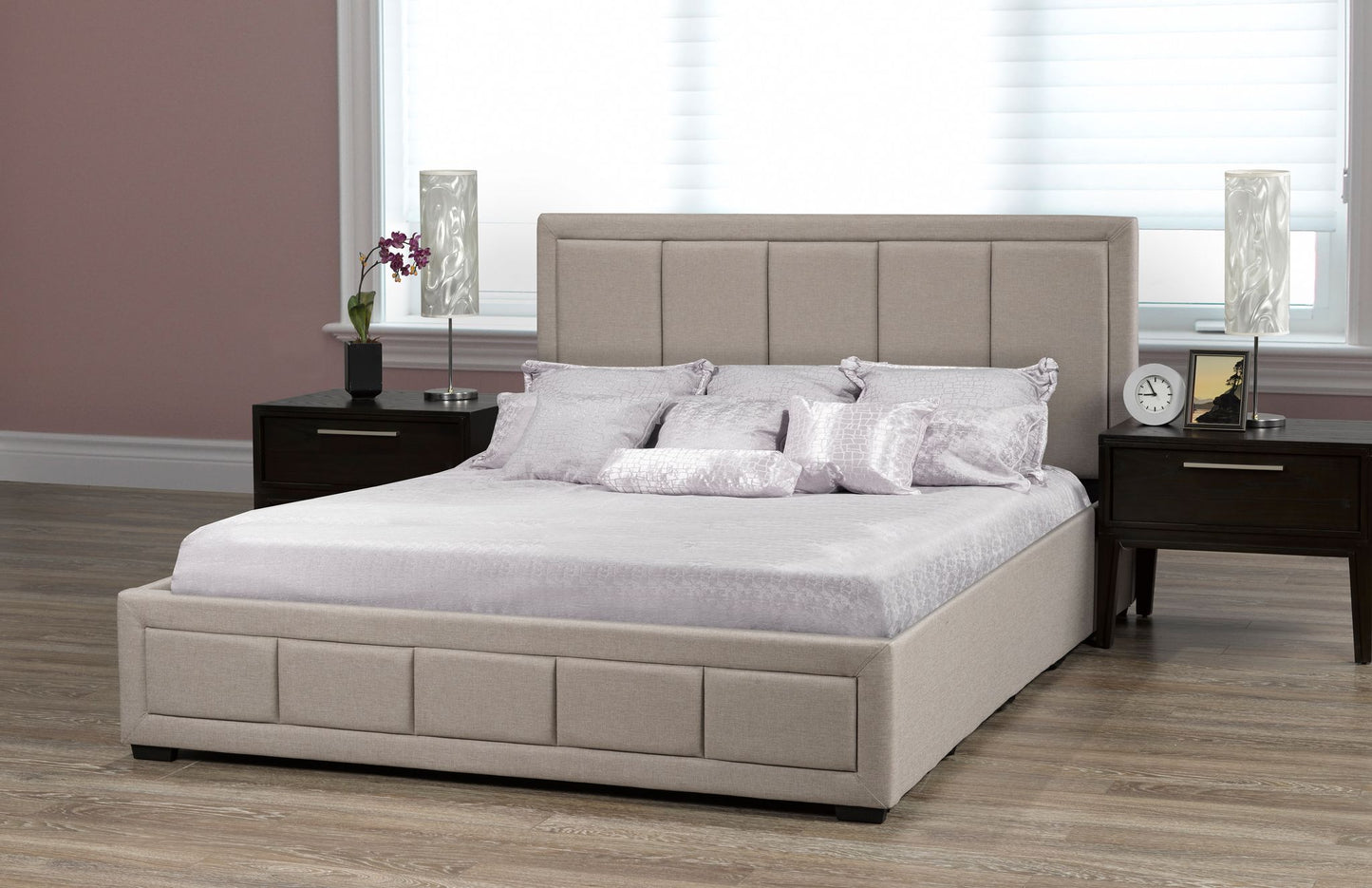 Beige Fabric Upholstered Hydraulic Storage Bed Frame with Chanel Back Style-828