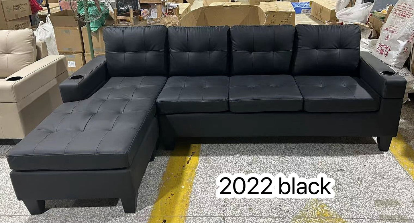 ANTI SCRATCH LEATHER UPHOLSTERED SECTIONAL SOFA WITH REVERSIBLE CHAISE AND CUPHOLDERS- BLACK