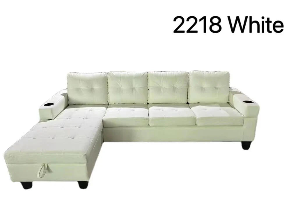ANTI SCRATCH LEATHER UPHOLSTERED SECTIONAL SOFA WITH STORAGE CHAISE AND CUPHOLDERS- WHITE