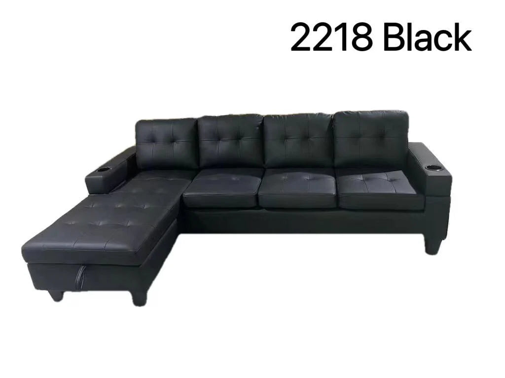 ANTI SCRATCH LEATHER UPHOLSTERED SECTIONAL SOFA WITH STORAGE CHAISE AND CUPHOLDERS- BLACK