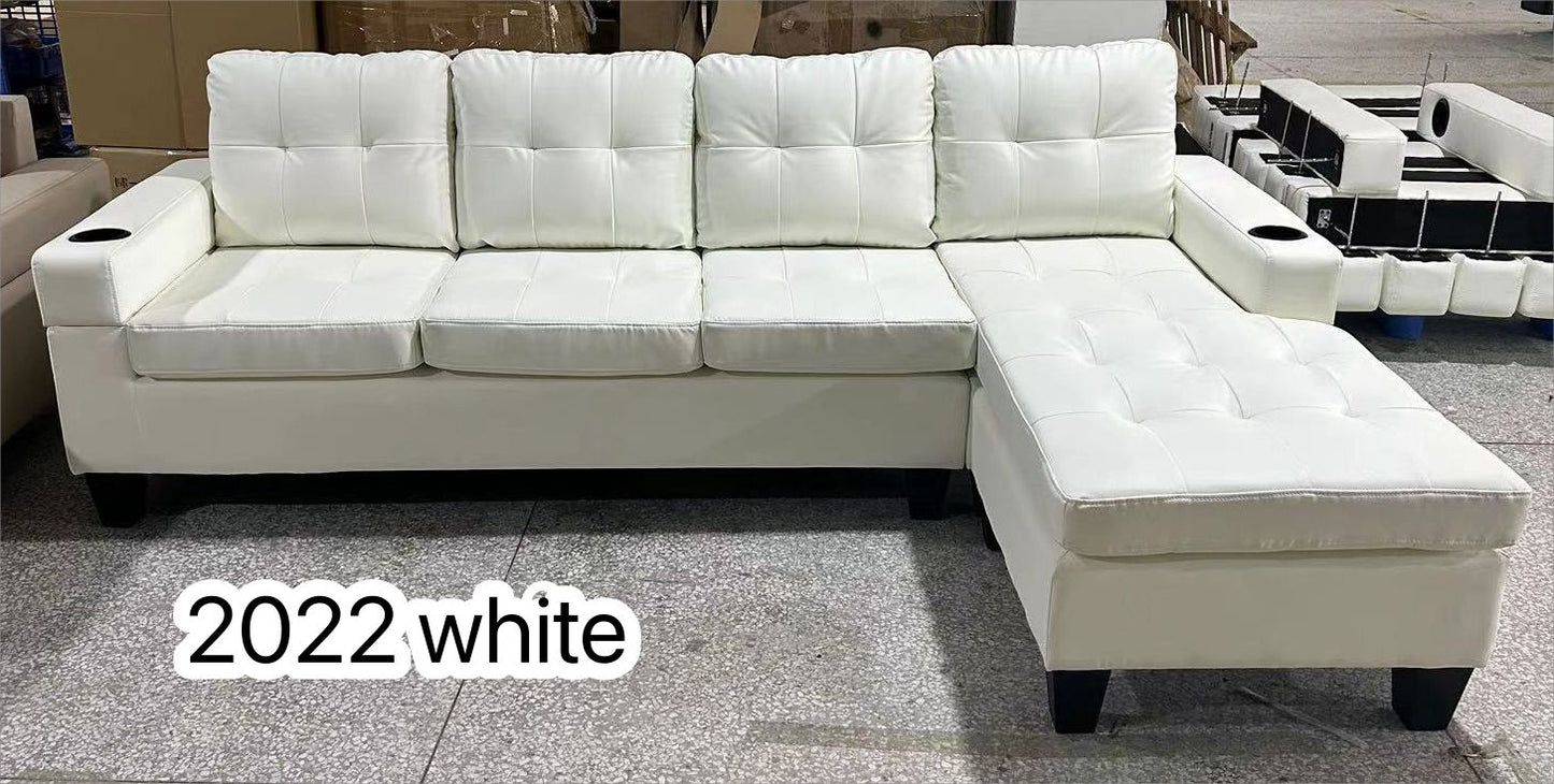 ANTI SCRATCH LEATHER UPHOLSTERED SECTIONAL SOFA WITH REVERSIBLE CHAISE AND CUPHOLDERS- WHITE