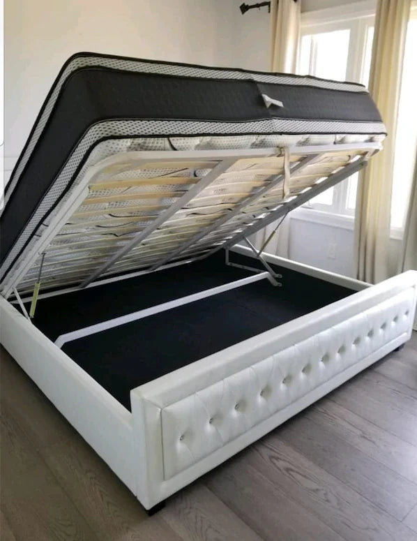 Leather Upholstered Hydraulic Storage Bed with Crystal Tufted Headboard and Footboard-White